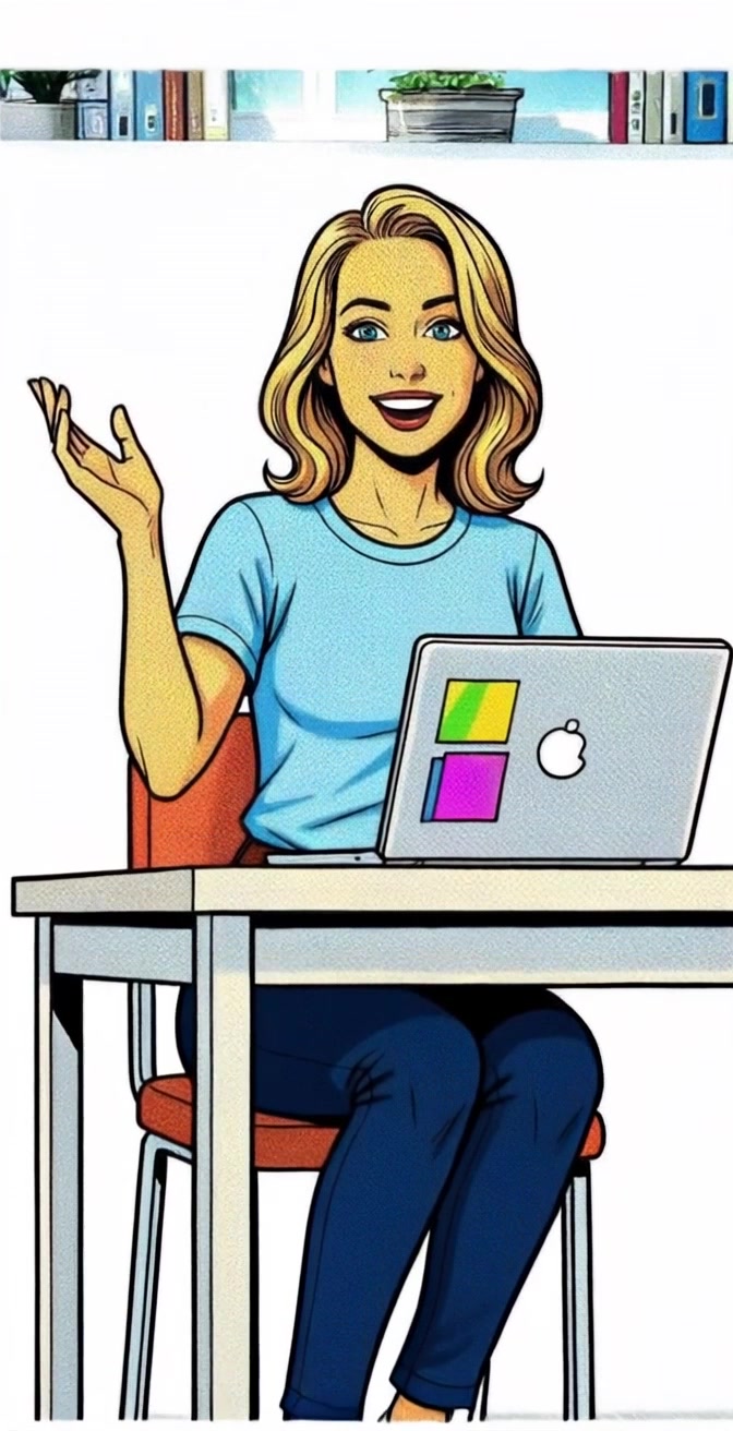 Subject: A cheerful young woman with blonde hair sitting at a desk. Subject movement: She gestures animatedly with her left hand while explaining something. Scene: Cozy home office filled with plants and books, sunlight streaming through a window. Lighting: Bright, natural morning light creating an inviting atmosphere. Motion: The camera slowly pushes in, capturing her expressions and the details of her workspace.