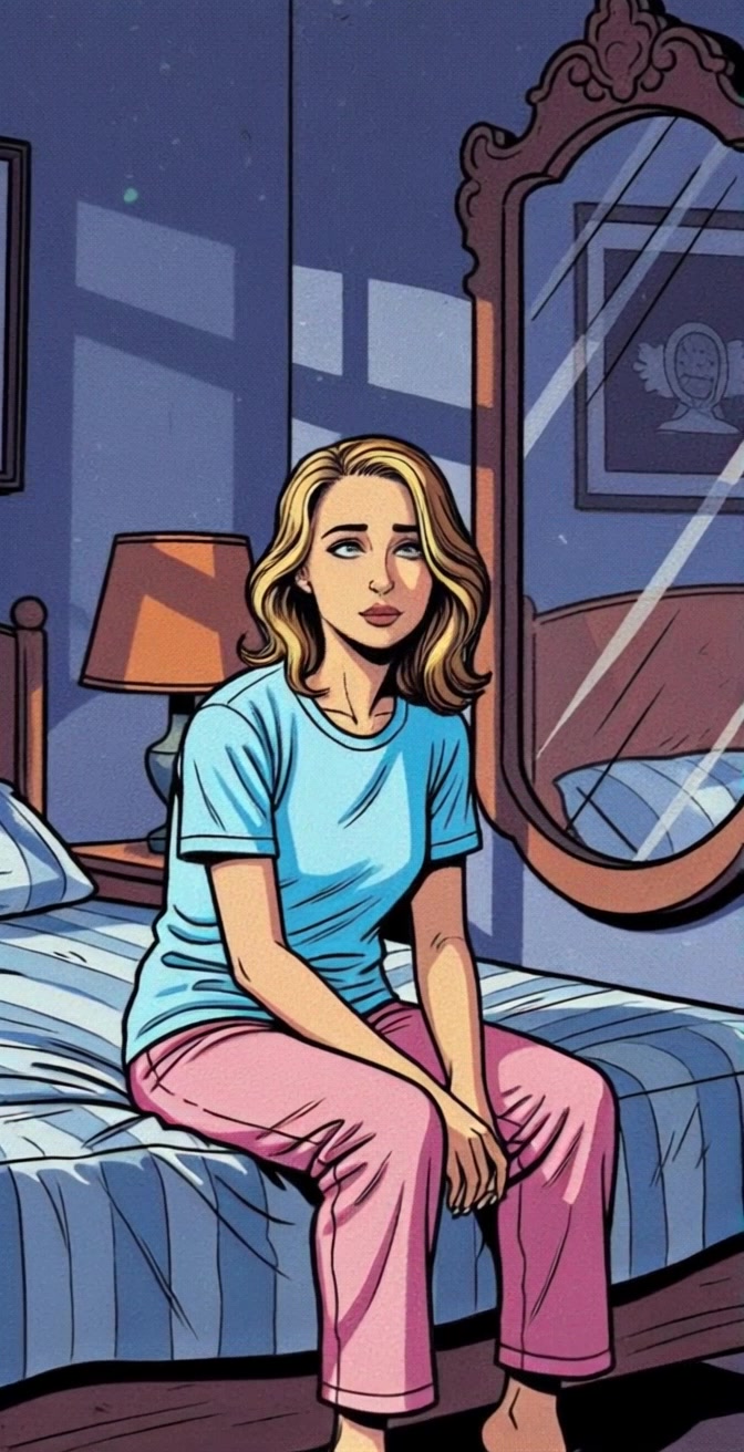 Subject: A young woman with blonde hair sitting contemplatively on the edge of a bed. Subject movement: She slowly shifts her gaze upward, lost in thought. Scene: A dimly lit bedroom with a striped bedspread, ornate mirror, and bedside lamp casting soft shadows. Style: Warm, ambient lighting creates a cozy atmosphere, enhancing the intimate feel of the space. Motion: The camera gently pushes in from a medium shot to a close-up, capturing the woman's subtle expressions as her environment fades slightly into the background.