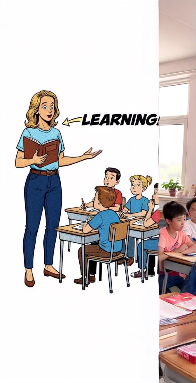 Subject: A female teacher engagingly explaining a lesson, holding a book. Subject movement: The teacher gestures animatedly with her hand as she speaks, while the students are actively listening, leaning slightly forward in their seats. Scene: A bright and cheerful classroom filled with learning materials and colorful decor. Style: Morning light streaming in through the windows, creating an inviting atmosphere. Motion: Camera starts with a steady, frontal shot of the teacher and students, then smoothly pans around the classroom to capture the expressions of the attentive students and the lively interaction.