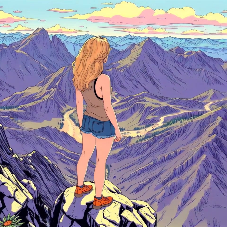 Subject: A person standing on a rocky mountain peak. Subject movement: The person gazes contemplatively over the vast landscape, swaying slightly in the breeze. Scene: An expansive view from a mountain peak overlooking valleys and distant mountains under a clear blue sky. Style: Bright, midday lighting enhancing the vivid colors of the terrain, creating a feeling of openness and freedom. Motion: Camera smoothly pans around the subject to capture the sweeping landscape in a dramatic, wide-angle shot.