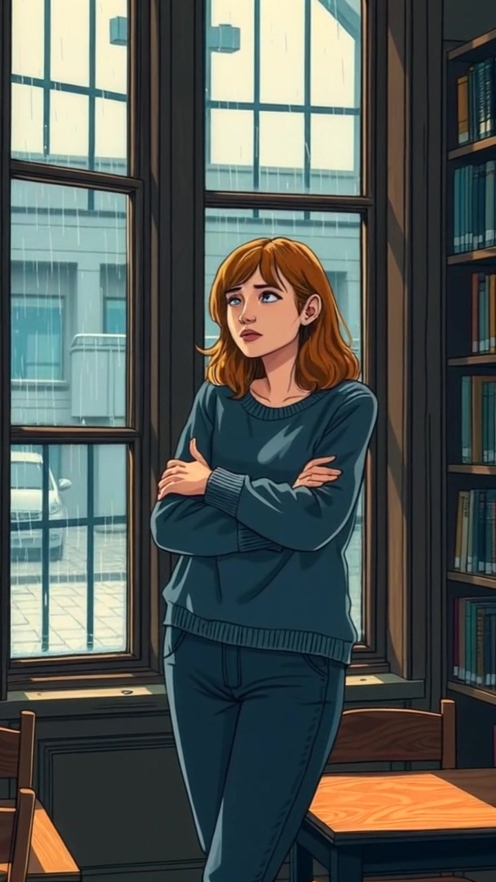 Subject: A young woman with reddish-brown hair standing with arms crossed. Subject movement: She remains still, contemplatively gazing out the window as rain falls outside. Scene: A cozy, warmly lit room filled with bookshelves, wooden chairs, and tables, creating an inviting atmosphere. Style: Soft, ambient lighting enhances the tranquil mood of the scene, while the raindrops provide a rhythmic backdrop. Motion: The camera gently zooms in on her face, capturing the subtle emotions reflected in her expression as the outdoor rain blurs the view.
