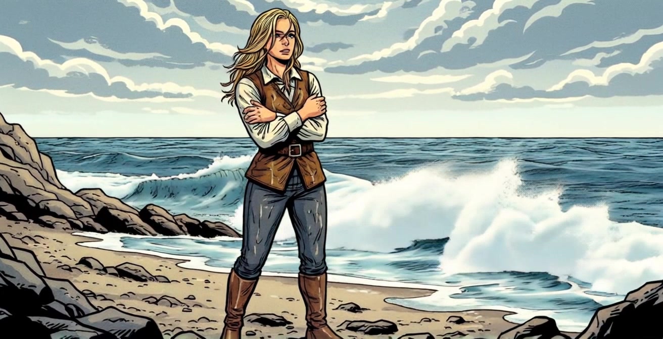 Subject: A confident woman with long blonde hair stands on a rocky beach. Subject movement: She gazes defiantly into the distance as the waves crash behind her. Scene: Rocky beach with churning waves under a dramatic, cloudy sky. Style: Cool, moody lighting accentuating the contrast between her attire and the stormy backdrop. Motion: The camera performs a slow push-in toward her as the waves swell, capturing the determination in her stance and the dynamic energy of the ocean.