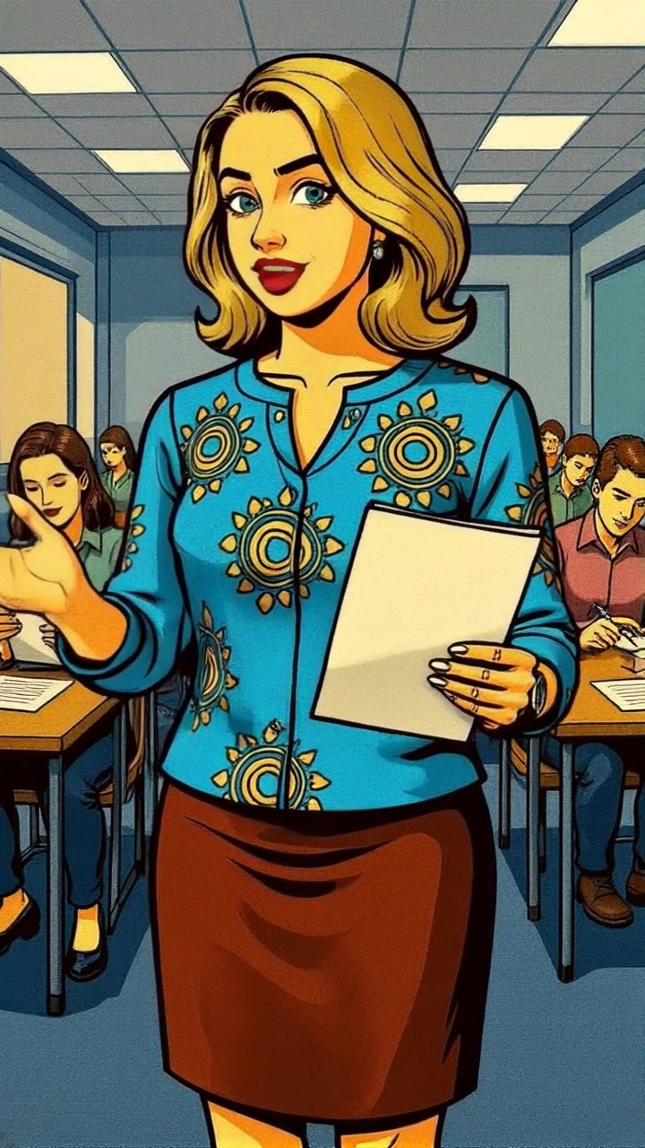 Subject: A confident young woman with blonde hair in a patterned blue blouse and brown skirt, standing in front of seated students. Subject movement: She gestures expressively while discussing the papers she holds, engaging the students. Scene: Classroom environment, with students at desks focused on their work, bright classroom lighting. Motion: The camera zooms in on the woman as she speaks, then pans around to capture the attentive faces of the students.