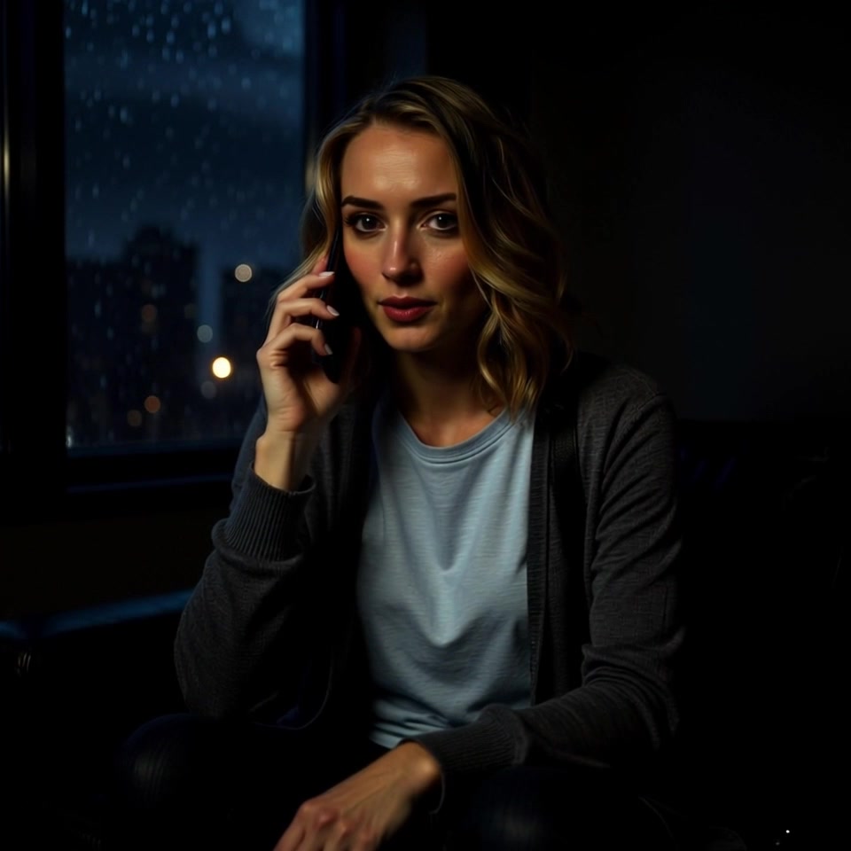 Subject: A woman with blonde hair, deep in thought, sitting indoors at night while talking on her phone. Scene: Cozy living room illuminated softly, with a rainy window showcasing glistening city lights in the background. Motion: Camera slowly pushes in towards the woman, capturing her contemplative expression, while the gentle sounds of rain create an intimate atmosphere.