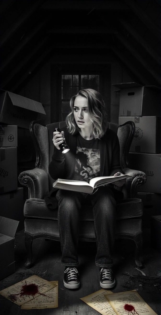 Subject: A young woman sitting in an old armchair, holding a flashlight and an open book. Subject movement: She subtly shifts her attention between the flashlight and the book, casting eerie shadows across the surroundings. Scene: Dim attic filled with cardboard boxes, uneven lighting creating a tense and mysterious atmosphere, with the floor scattered with pages stained by dark red blotches. Style: Moody light enhances the feeling of secrecy and suspense. Motion: The camera slowly pushes in, focusing on her contemplative expression while the surrounding shadows seem to stretch and shift, adding to the eerie ambience.