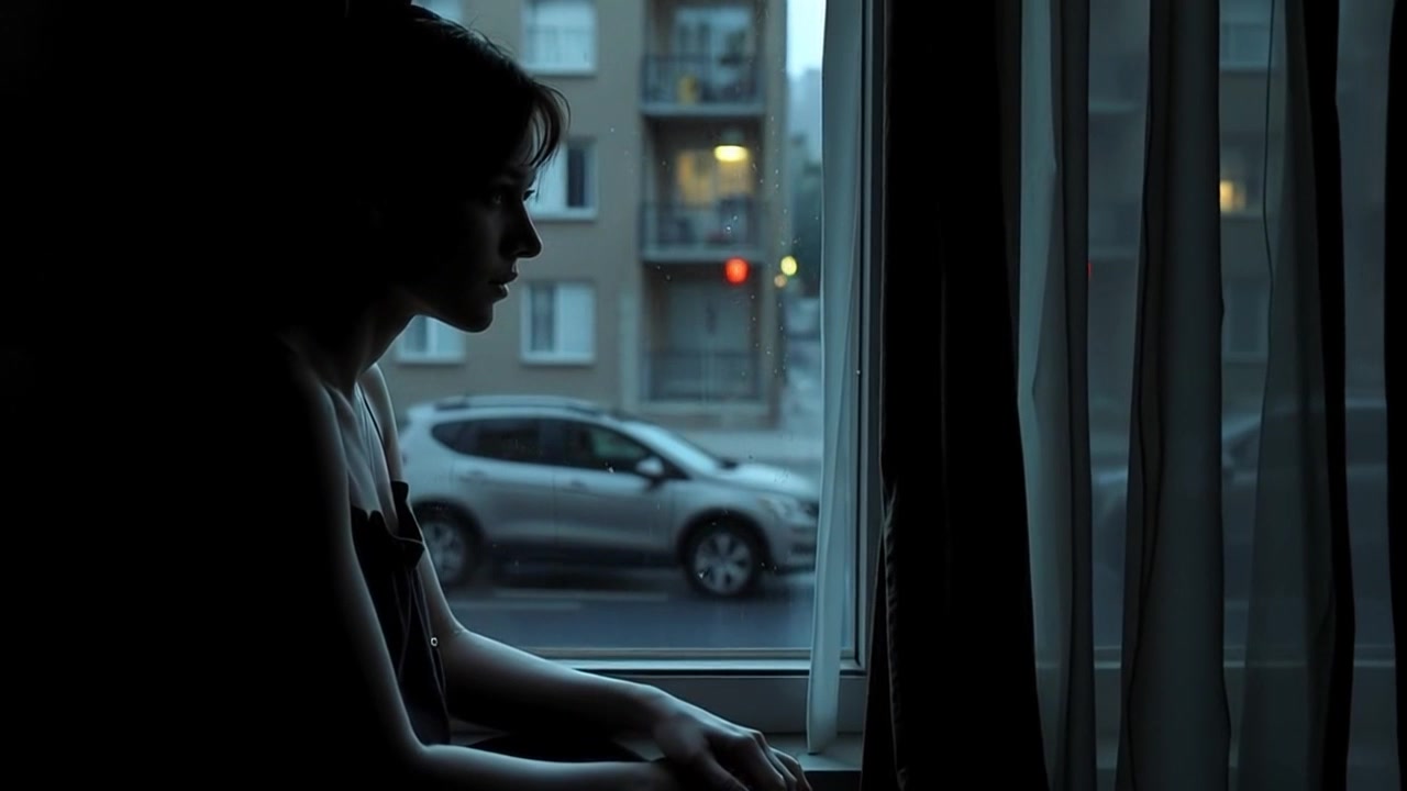 Scene: A thoughtful young person with short dark hair sitting by a window, gazing out at a rainy street with a parked silver car. Style: Soft, diffused lighting from the overcast sky, creating a reflective and introspective mood. Motion: Camera slowly zooms in on the person's face, capturing the contemplative expression, before panning to the rain-soaked street outside, emphasizing the tranquil yet melancholic atmosphere.