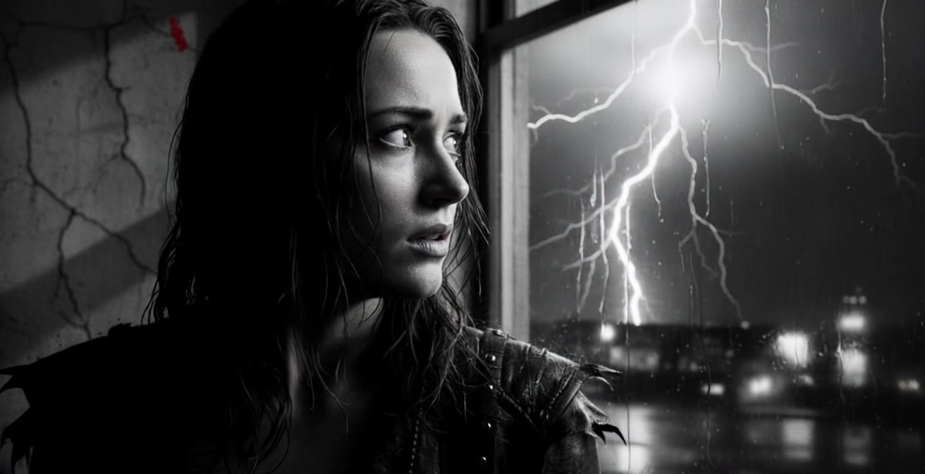 Subject: A young woman with wet hair and a concerned expression gazing out the window. Subject movement: Her gaze shifts anxiously as flashes of lightning illuminate her features. Scene: Inside a dimly lit room with a cracked wall, contrasting the chaos of a stormy night outside filled with heavy rain. Style: Ambient lighting from the lightning interspersed with shadows creating a moody atmosphere. Motion: Push in towards her face, capturing the tension in her expression as the camera sways gently, mimicking the outside storm.