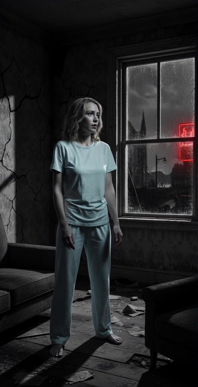 Subject: A young woman standing barefoot in light blue pajamas. Subject movement: She shifts anxiously, glancing out of the window. Scene: A dimly lit room with cracked walls and debris scattered across the floor, revealing a dark, rainy cityscape outside, adorned with a glowing red neon sign. Style: Moody atmospheric lighting that accentuates the shadows and highlights in the room. Motion: The camera slowly pushes in on the woman, capturing her expression, while rain softly patters against the window, with a glimpse of the glowing sign flickering in the background.