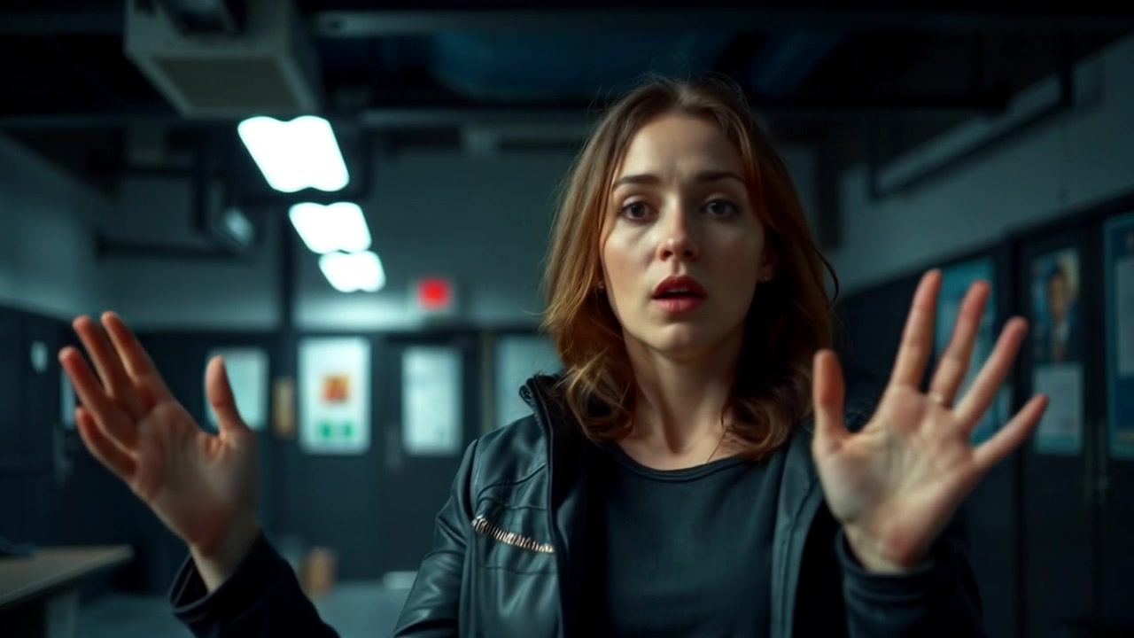 Subject: A young woman with light brown hair wearing a black jacket, standing in a dimly lit room. Subject movement: She raises both hands with a surprised expression as if reacting to something unexpected. Scene: The interior of the dimly lit room creates an atmosphere of tension and intrigue, with shadows playing across the walls. Style: Soft, moody lighting with contrasts that enhance the woman's expression of concern. Motion: The camera gently pushes in on her face, capturing the intensity of her reaction, then pans slightly to explore the surrounding room, emphasizing the mysterious ambiance.
