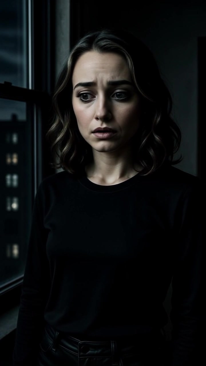 Subject: A young woman with dark wavy hair, wearing a black long-sleeve shirt and pants. Subject movement: She shifts her weight nervously as she glances out the window, her expression a mix of concern and curiosity. Scene: Indoors at night, standing near a large window, with soft interior lighting casting gentle shadows. Style: Dim lighting creates a moody, suspenseful atmosphere, enhancing the feeling of unease. Motion: The camera slowly pushes in, capturing her worried expression, while a slight handheld effect adds to the tension as it follows her gaze towards the window.