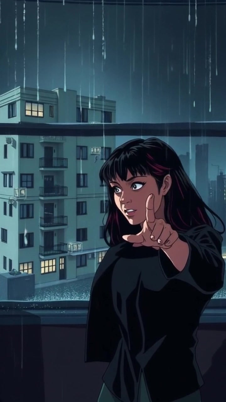 Subject: A young woman with black hair, standing indoors. Subject movement: She points forward assertively while gazing out the window. Scene: Indoor setting with a window revealing a rainy cityscape dotted with apartment buildings at night. Style: Soft, ambient lighting glowing from the window, creating a contrast with the dark room, while raindrops add a shimmering effect. Motion: Camera slowly zooms in on her focused expression and hand gesture, capturing the ambiance of the city through the window as the camera gently reframes her profile.