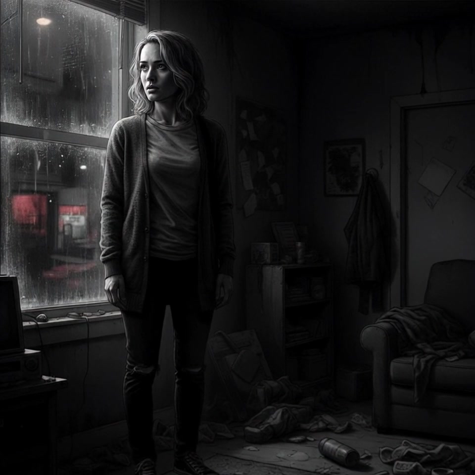 Subject: A contemplative young woman with shoulder-length hair. Subject movement: She appears to gaze thoughtfully out of the rain-streaked window, lost in reflection. Scene: A dimly lit, cluttered room filled with worn furniture and scattered debris, shadows dancing across the space. Style: Low-key lighting enhancing the moody atmosphere of the scene. Motion: The camera slowly tracks in from the cluttered room, focusing on her pensive expression, while soft ambient sounds of raindrops create an intimate, reflective mood.