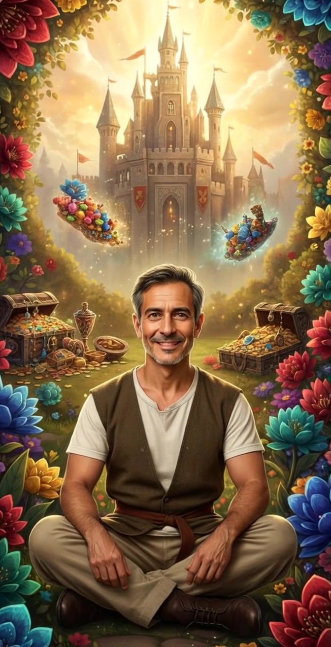 Subject: A middle-aged man with gray hair sitting cross-legged. Subject movement: He smiles peacefully, the gentle breeze causing the flowers around him to sway softly. Scene: A vibrant flower-filled garden with a magical glowing castle in the background, framed by a floral arch, and floating trays of gems and treasure chests brimming with gold and jewels. Style: Warm sunlight illuminating the scene creates an inviting atmosphere. Motion: The camera slowly pushes in on the man, capturing the details of the garden as flowers dance in the breeze, while the castle glimmers in the background.