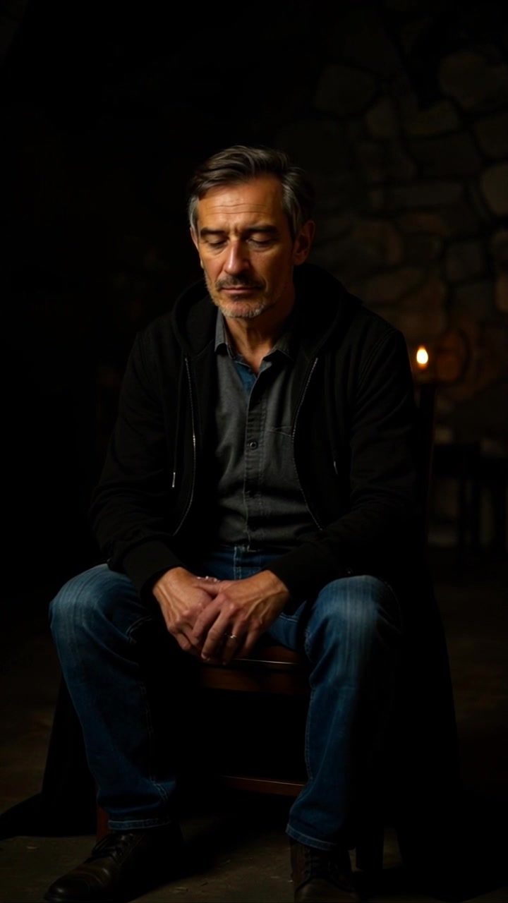 Subject: A middle-aged man with gray hair and a beard, wearing a dark hoodie, sits silently on a wooden chair. Subject movement: His eyes are closed, and hands clasped, reflecting a deep moment of contemplation. Scene: A dimly lit indoor space with a textured stone wall in the background, the warm flicker of candlelight illuminating the scene softly. Style: Ambient candlelight creates a warm, intimate atmosphere, casting gentle shadows on the stone surface. Motion: Camera gently pushes in, capturing the serene expression on the man's face, then slowly pans to reveal the flickering candle, enhancing the mood of peaceful solitude.