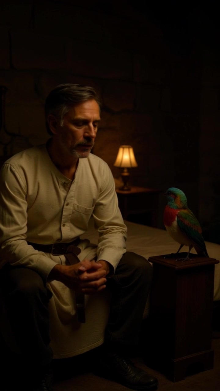 Subject: A colorful bird perched on a wooden box beside a middle-aged man. Subject movement: The bird flutters its wings playfully while the man observes it with a smile. Scene: A dimly lit room highlighted by a small lamp, creating a cozy atmosphere. Style: Soft, warm lighting enhancing the intimate setting. Motion: Camera gently pushes in to capture the interaction between the man and the bird, then pans subtly to include the surrounding details of the room.
