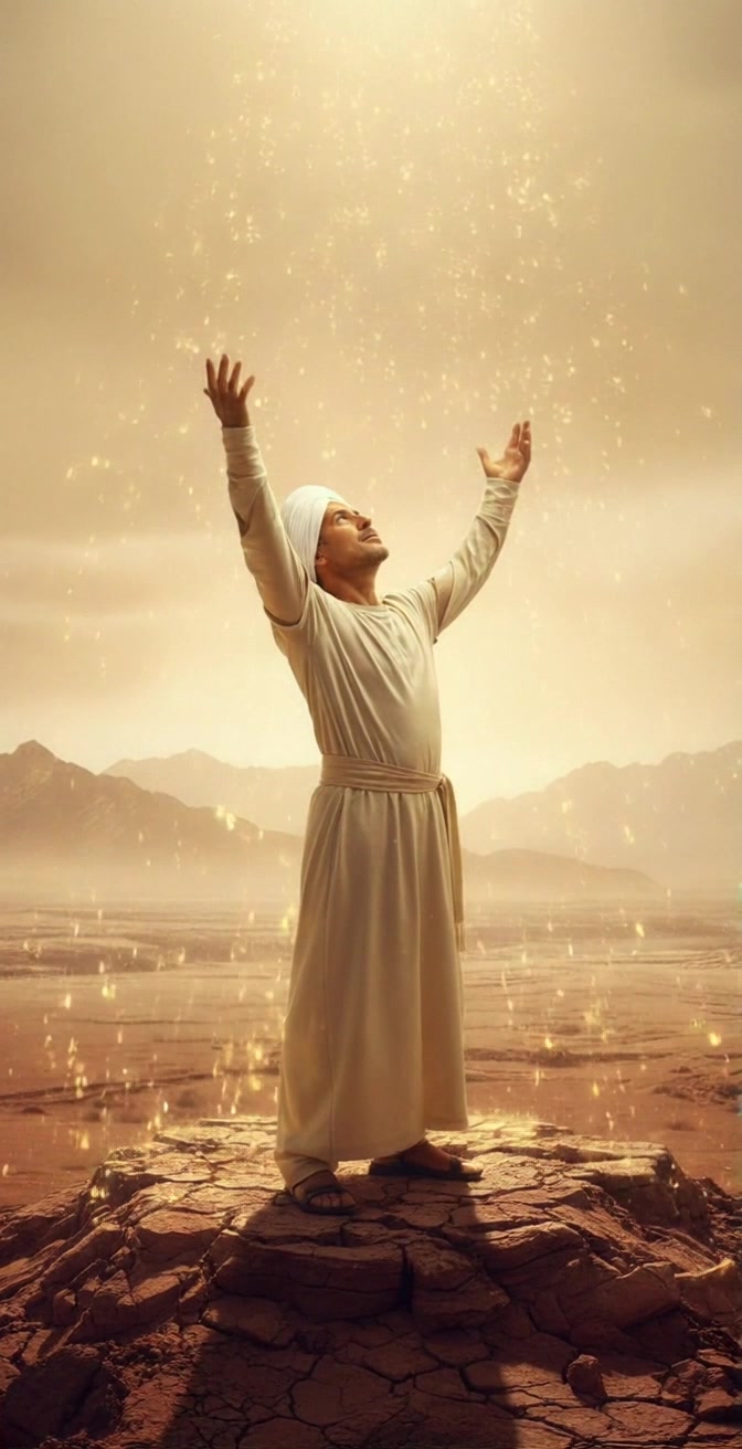 Subject: A man in traditional Middle Eastern attire. Subject movement: He stands still on rocky ground in a desert, raising his arms upward as golden sparkles descend around him. Scene: Rugged desert landscape with majestic mountains in the background, glowing softly in a warm atmosphere. Style: Ambient backlighting from the sunset enhances the golden sparkles. Motion: Camera slowly pans around him, capturing the shimmering effect of the sparkles and revealing the vastness of the desert.