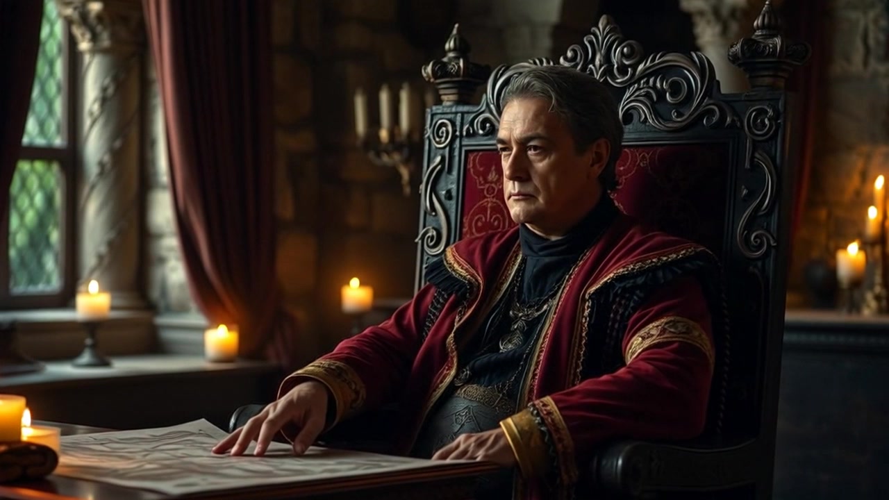 Subject: A middle-aged man dressed in luxurious medieval-style robes. Subject movement: The man shifts slightly in his throne, resting his hand on the armrest as he looks pensive. Scene: An ornate throne set in a dimly lit stone chamber, surrounded by flickering candles and rich antique decor, creating an atmosphere of mystique and reflection. Lighting: Soft, warm candlelight creates an intimate and moody ambiance within the chamber. Motion: Camera slowly pushes in, focusing on the man's contemplative expression while maintaining the grandeur of the surrounding decor.
