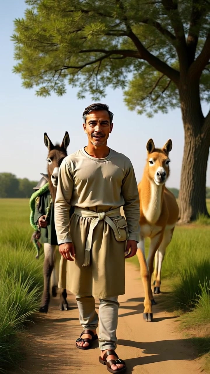 Subject: A man in a beige long tunic and sandals walking along a dirt path. Subject movement: The man strides confidently, accompanied by a donkey and a llama, moving in sync beside him. Scene: A vibrant green field under a sprawling tree, illuminated by sunny daylight. Style: Bright, inviting light, emphasizing the lushness of the surroundings. Motion: The camera follows the trio with a smooth dolly-in shot, capturing the lively atmosphere as the man converses with the animals, revealing the playful interaction in this serene pastoral setting.
