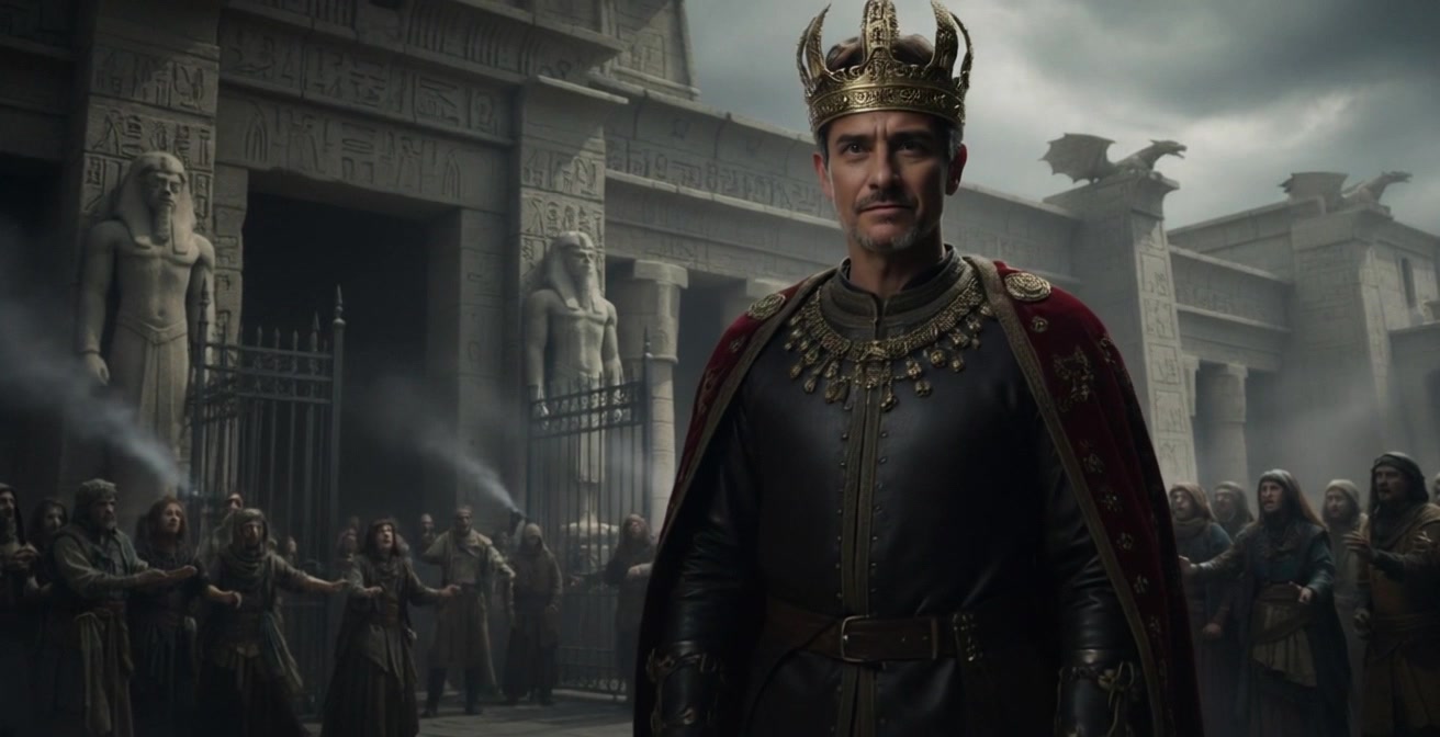 Subject: A middle-aged man stands confidently, adorned in a gold crown and a dark ornate robe with a flowing red cape. Scene: The backdrop features an ancient stone building replete with imposing statues and dragon-shaped sculptures, amidst a gathering of spectators in medieval attire. Lighting: Bright, midday sunlight illuminates the scene, casting strong shadows that emphasize the intricate details of the architecture and the man's regal attire. Motion: The camera slowly pushes in for a close-up of the man's determined expression, with a slight tilt to capture the awe in the crowd's faces.
