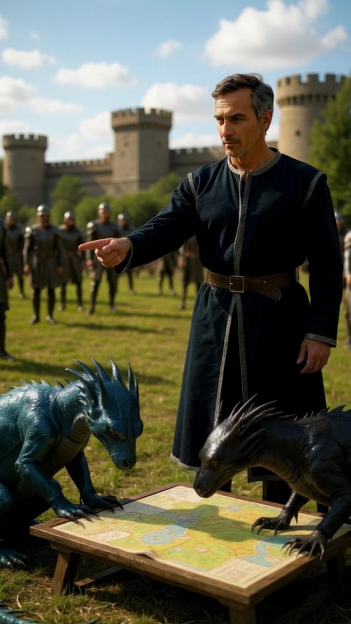 Subject: A middle-aged man in medieval attire. Subject movement: He points decisively at a map, while the small dragons lean closer, curious and animated. Scene: A vibrant grassy field with armored soldiers and a majestic castle in the background, evoking a sense of adventure and strategy. Style: Bright daylight illuminating the scene, creating a lively and heroic atmosphere. Motion: The camera slowly pushes in on the group as they focus on the map, capturing the interplay between the man and the dragons with a slight tilt to emphasize their interaction.