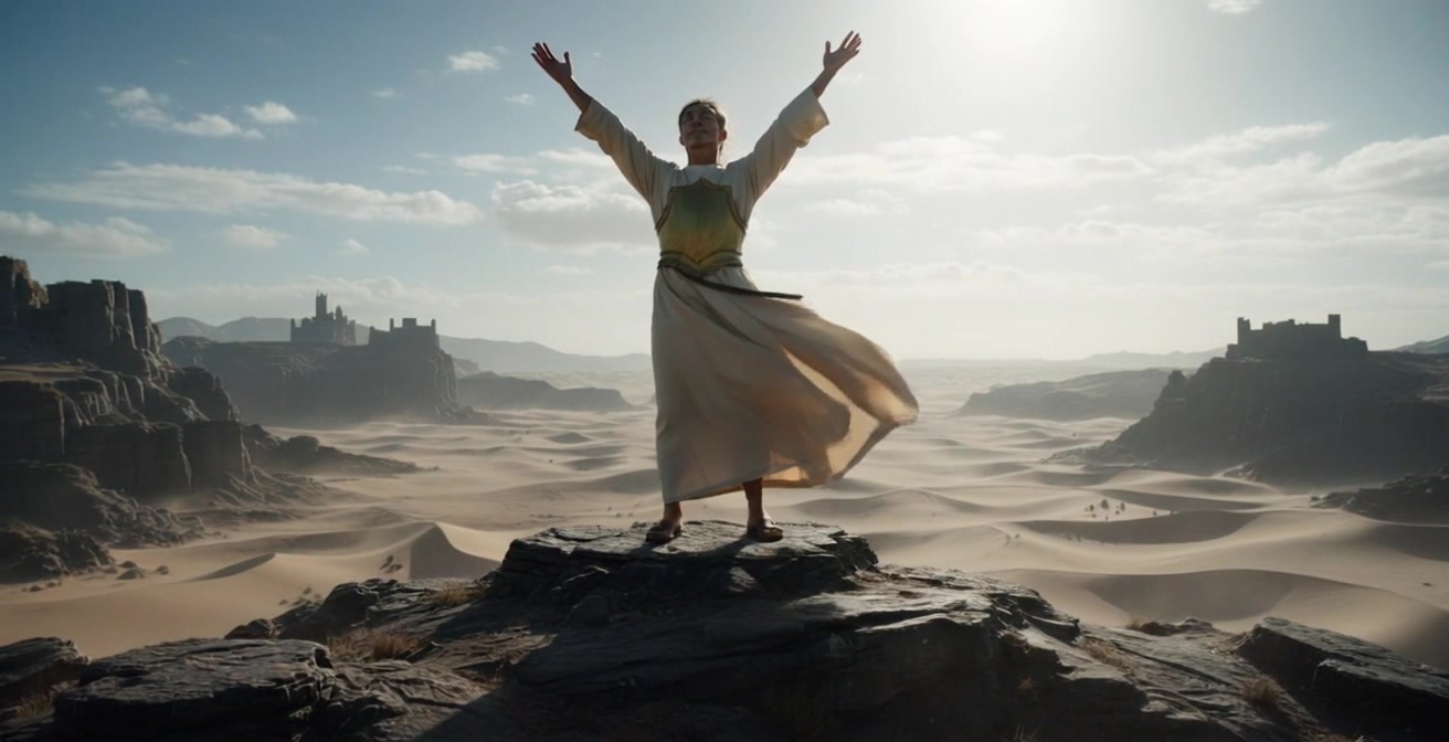 Subject: A person wearing flowing robes standing with arms raised. Subject movement: The person sways gently with the breeze, creating a sense of connection with the vastness around them. Scene: Rocky outcrop overlooking a vast desert landscape with distant castle ruins, under a bright, partly cloudy sky. Style: Warm, inviting daylight that enhances the golden tones of the desert. Motion: The camera slowly pushes in from a wide establishing shot, focusing on the figure atop the outcrop, capturing the depth of the desert and the majesty of the distant ruins.