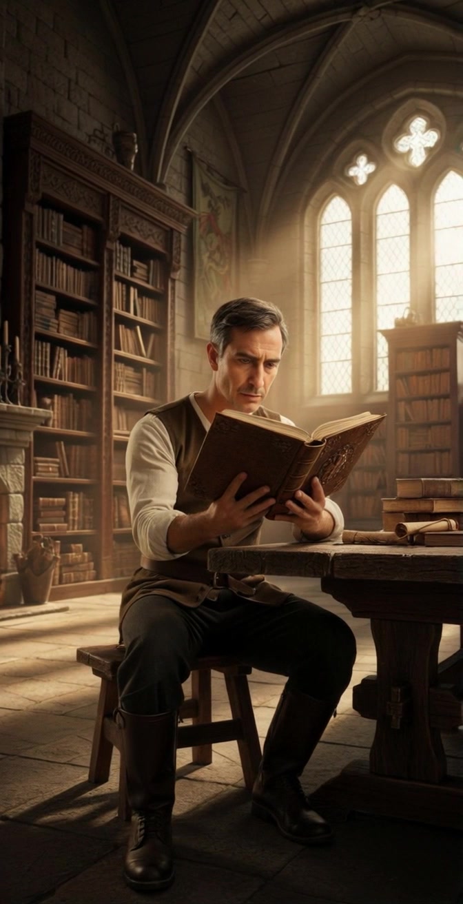Subject: A middle-aged man wearing a vest and boots. Subject movement: He raises his head from the book, looking thoughtfully out the large arched window as sunlight streams in. Scene: Medieval-style library filled with old books and scrolls, rich in detail, illuminated by ambient sunlight. Style: Warm sunlight creating inviting shadows, enhancing the wood tones of the stool and table. Motion: Camera slowly pans around him, capturing the peacefulness of the library while highlighting the glowing sunlight filtering through the window.