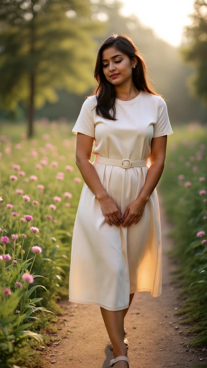 Subject: A person walking along a peaceful path. Subject movement: Priya strolls gracefully, taking in the beauty of the blooming flowers and lush greenery that surround her. Scene: A serene path bordered by vibrant flowers and lush plants, conveying a sense of tranquility. Style: Soft, natural lighting accentuates the vivid colors of the flowers. Motion: The camera follows her with a smooth, steady tracking shot, slightly swaying to match her relaxed demeanor as she walks.