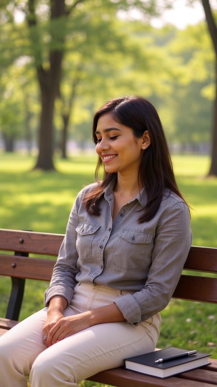 Subject: A person sitting on a bench in a park. Subject movement: The person smiles and gazes at the trees, occasionally flipping through a journal beside them. Scene: A tranquil park setting with lush trees and vibrant green grass all around. Style: Soft ambient lighting filtering through the leaves, creating dappled shadows. Motion: The camera slowly pans from a wide view of the park to a closeup of the person, capturing the peaceful atmosphere.