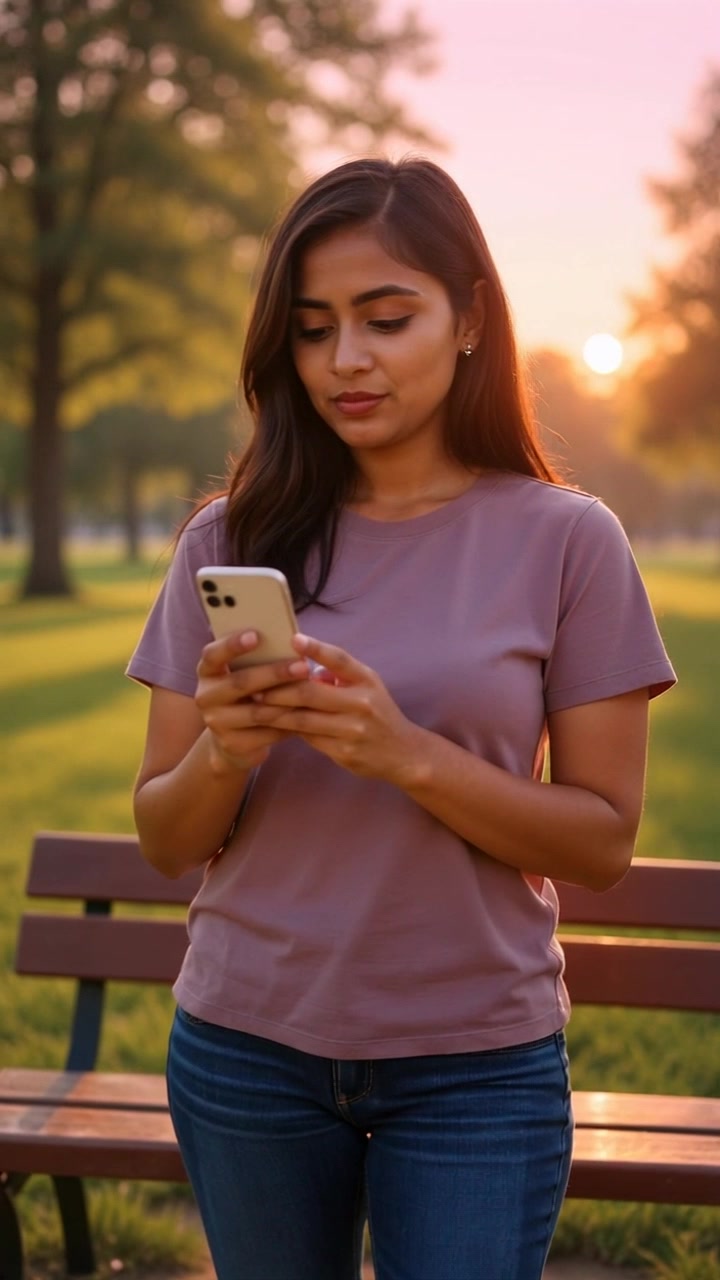 Subject: A smiling individual holding a smartphone, gazing thoughtfully at the screen. Scene: Close-up perspective of Priya's face illuminated by the screen's soft glow, against a blurred background. Style: Warm, ambient lighting enhancing the inviting atmosphere. Motion: Camera slowly pushes in on her face, capturing the subtle joy in her expression as the background gently fades to focus.