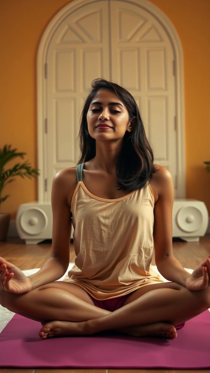 Subject: A person elegantly meditating. Subject movement: The individual gradually opens their eyes, then takes a deep, grounding breath. Scene: A calm, tranquil room adorned with soft colors and minimalistic decor, a yoga mat laid on polished wooden floors. Style: Ambient lighting casts gentle shadows, creating a peaceful atmosphere. Motion: The camera slowly pushes in on the individual, capturing the serene expression as the soft flutter of a nearby plant's leaves adds a touch of life to the serene stillness.