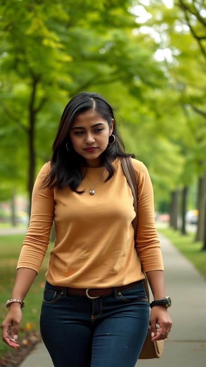 Subject: A young woman, absorbed in her surroundings. Subject movement: She walks briskly along a narrow path, occasionally glancing down at something interesting on the ground. Scene: A vibrant park filled with lush green trees, the dappled sunlight filtering through the leaves. Style: Bright, cheerful morning light creates an inviting atmosphere. Motion: The camera follows her with a smooth dolly shot, capturing her movements fluidly while revealing the beauty of the nature around her.