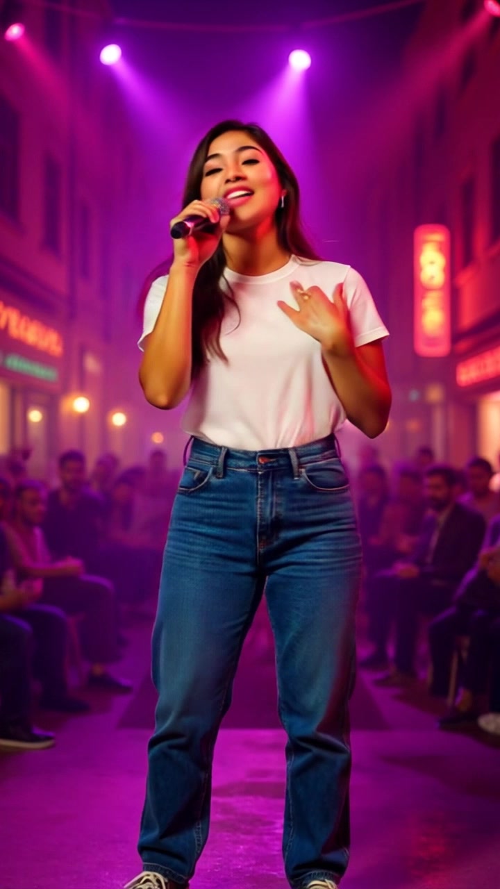 Subject: A passionate singer on stage, holding a microphone. Subject movement: The singer delivers an energetic performance, moving expressively as she engages with the audience. Scene: Vibrant concert stage, surrounded by colorful stage lights and an enthusiastic crowd. Style: Dynamic lighting effects create a lively atmosphere with bright hues contrasting against the dark background. Motion: The camera performs a dramatic panning shot, gliding across the stage to capture the energy of the performance, while gradually focusing in on the singer's emotive expressions.