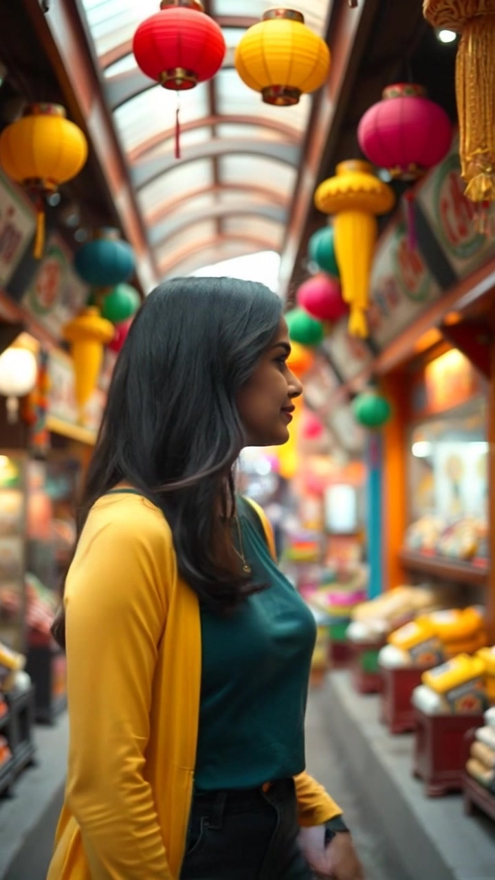 Subject: Priya standing in a vibrant Pakistani market. Subject movement: She moves gracefully, turning towards a colorful stall while interacting with the surroundings. Scene: Colorful stalls and traditional decorations fill the bustling market atmosphere. Style: Bright and lively ambient lighting that captures the essence of the market during the day. Motion: Camera performs a handheld tracking shot, weaving through the stalls as Priya's vibrant surroundings burst into view.