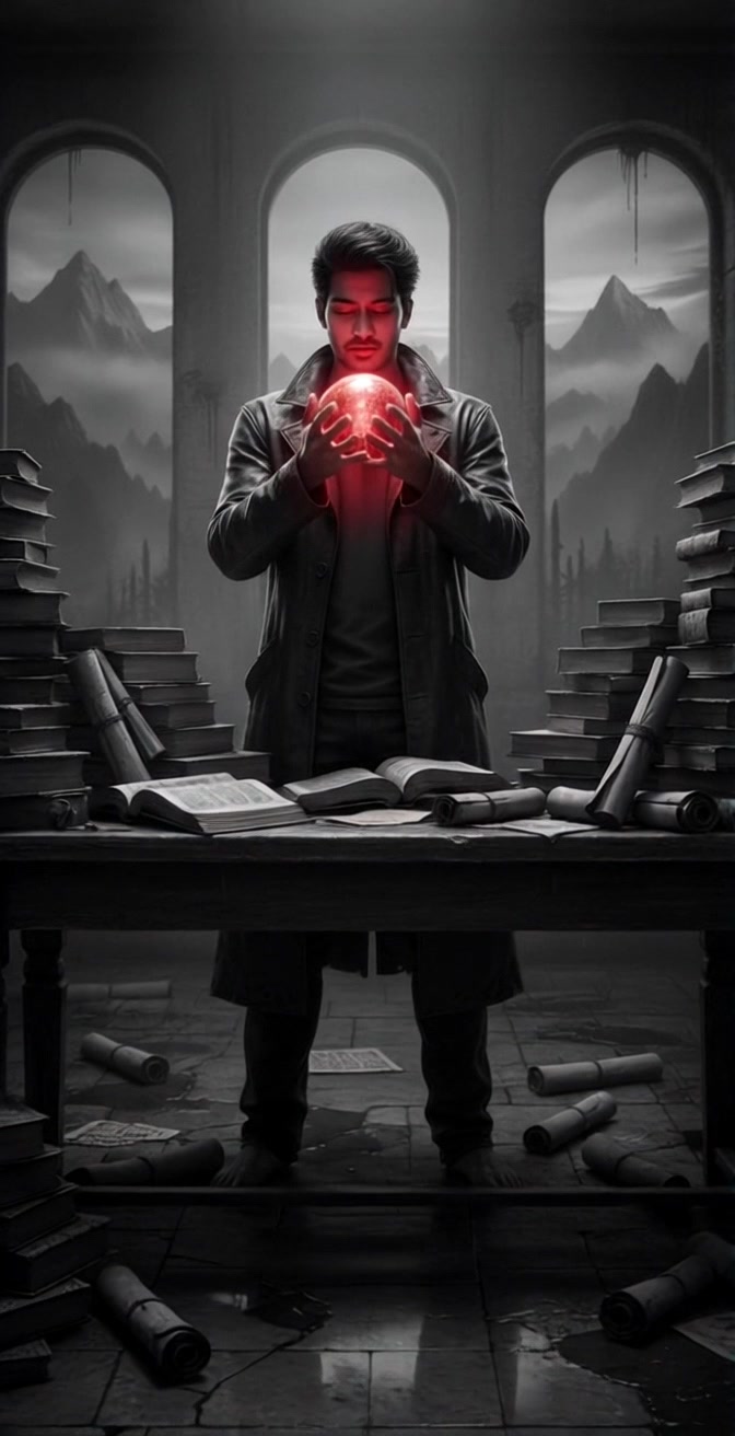 Subject: A man with intense focus, holding a glowing red orb. Subject movement: He raises the orb closer to his face as if examining its power. Scene: A dark room filled with stacks of books and ancient scrolls, with stunning mountain views visible through arched windows. Style: Mysterious, dim lighting with the glowing orb providing the primary light source that casts deep shadows across the wooden table. Motion: The camera slowly pushes in on the man and the orb, enhancing the atmosphere of intrigue and magic.