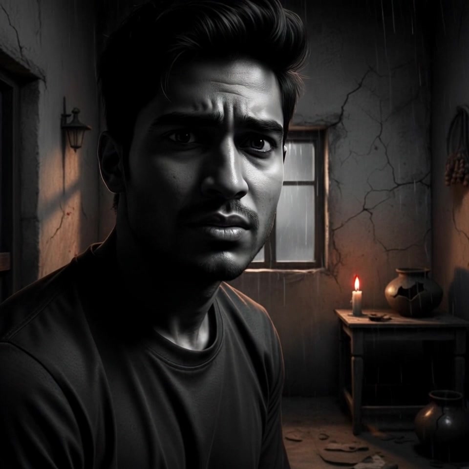 Subject: A young man with dark hair and a concerned expression. Subject movement: He shifts his gaze from the rain outside to the flickering candlelight, exuding a sense of contemplation and worry. Scene: A dim, cracked room illuminated by the warm glow of a single candle on a table, with a broken pot nearby and rain streaming down the small window. Style: Moody lighting enhances the atmospheric tension of the space, casting shadows that dance alongside the flickering flame. Motion: The camera slowly pushes in towards the young man's face, capturing his expression as the background fades slightly, allowing the focus to deepen on his emotions amidst the somber ambiance.