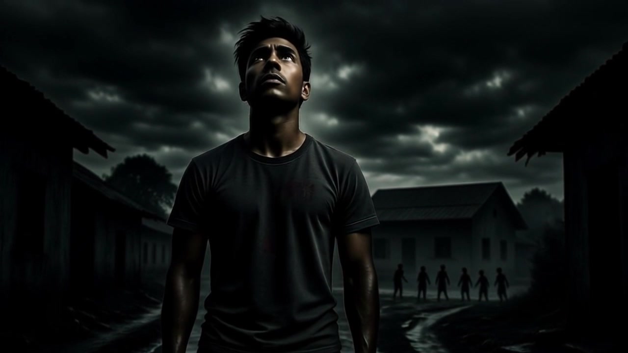 Subject: A young man with a serious expression gazing upward in a dimly lit village street. Scene: The eerie atmosphere of the village is accentuated by shadowy figures lurking in the distance near an old house, under a foreboding cloudy sky. Motion: A handheld camera follows the man's intense gaze, panning upwards from his serious face to reveal the ominous sky and the shapes in the distance, all enveloped in moody, dim lighting.