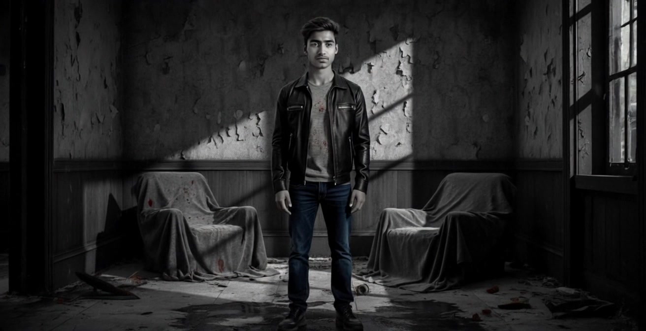 Subject: A young man in a leather jacket and jeans. Subject Movement: He shifts slightly as he gazes out the window, creating a sense of introspection amid the decay. Scene: A dimly lit, decaying room with peeling walls, two old chairs draped in cloth, and light streaming through a right-side window. Style: Dark and moody atmosphere, with stark contrasts created by the interplay of shadows and light. Motion: The camera begins with a closeup of the man's face, then slowly pushes out to reveal the room's features, enhancing the feeling of isolation.