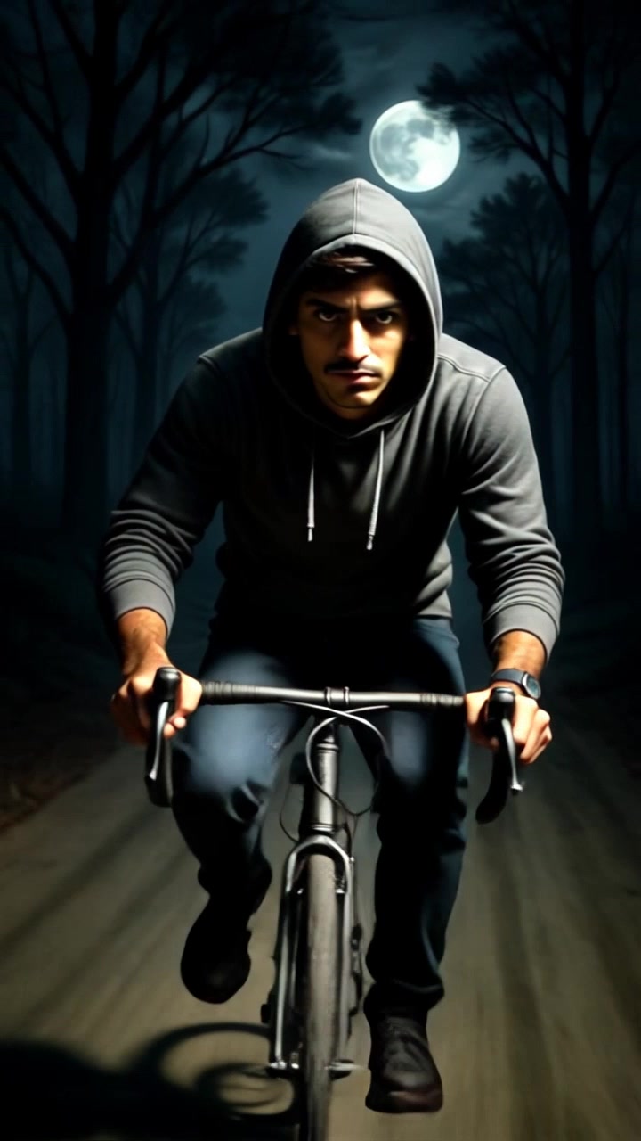 Subject: A young man in a dark hoodie. Subject movement: He rides his bicycle swiftly along a winding forest path. Scene: A moonlit forest, illuminated by a bright full moon that casts intricate shadows from bare trees. Style: Cool, moonlight ambiance creating a mysterious, serene atmosphere. Motion: The camera tracks closely alongside the cyclist, weaving through the trees, capturing the dynamic movement while emphasizing the enchanting glow of the moonlight filtering through the foliage.