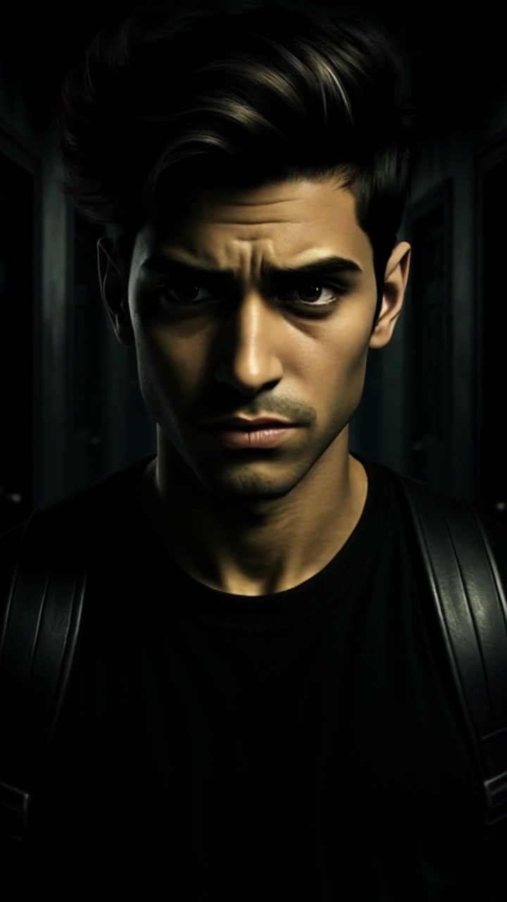 Subject: A young man with dark hair wearing a black t-shirt and backpack. Subject movement: He stands still in a dimly lit, narrow hallway, his expression serious and intense. Scene: The setting features a narrow corridor lined with closed doors on both sides, casting shadows in the low light. Style: Ambient lighting creates a moody atmosphere, enhancing the sense of tension. Motion: The camera begins with a close-up on the man's face, then slowly pushes out to reveal the hallway, emphasizing the confinement and intensity of the scene.
