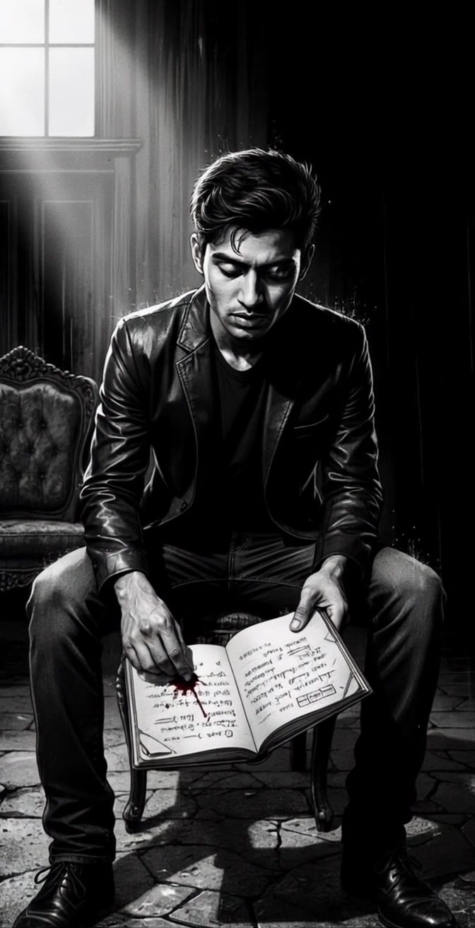 Subject: A young man in a leather jacket. Subject movement: He remains seated, focused intently, with his hand touching a bloodstain on the page of an open book. Scene: A dimly lit room, mood steeped in mystery and tension, shadows casting on the walls. Style: Low-key lighting enhances the somber ambiance, creating deep contrasts that highlight the book and the man's expression. Motion: Camera slowly dolly in towards the man's face, capturing his intense gaze, while subtly framing the bloodstain for effect.