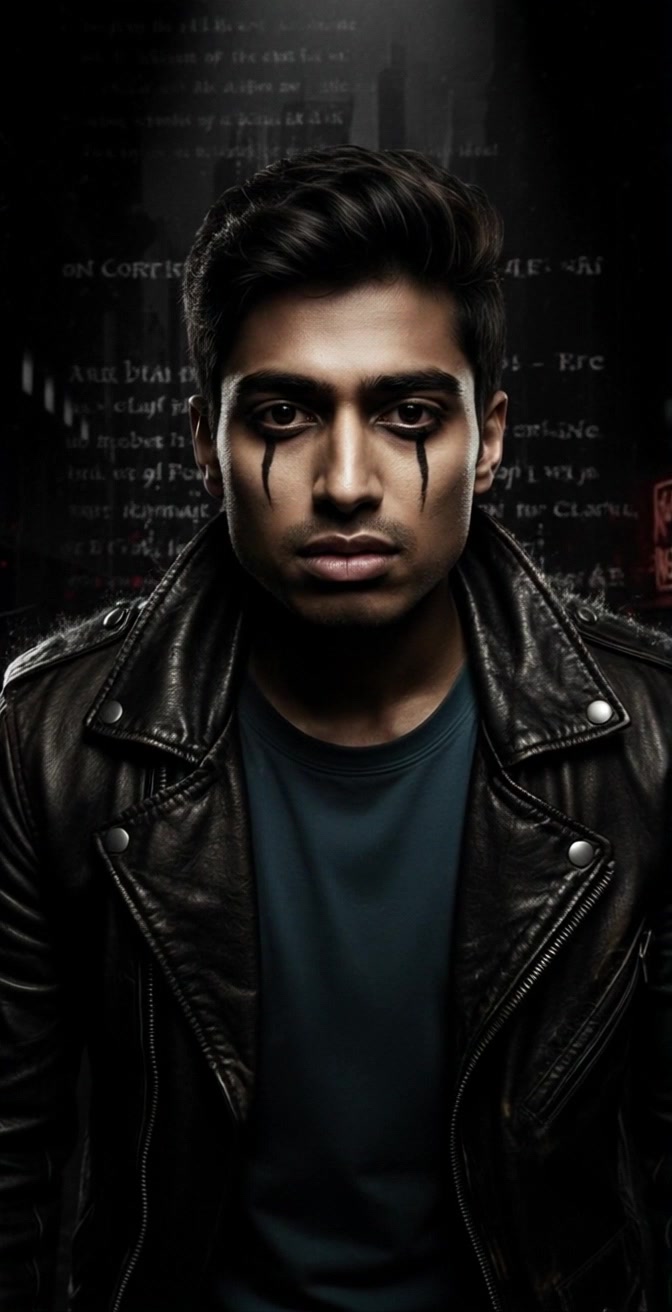 Subject: A young man in a black leather jacket with intense expression and black tear-like makeup. Subject movement: He slowly tilts his head, conveying a sense of brooding intensity. Scene: Set against a dark, textured background featuring a faint cityscape and graffiti-like text. Style: Low-key lighting enhances the dramatic effect, creating sharp contrasts between shadows and highlights. Motion: The camera subtly pushes in on the subject's face, capturing the intricacies of his expression while the surroundings fade softly into the background.