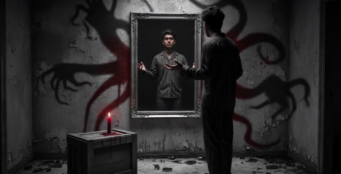 Subject: A man in striped pajamas standing silently in an eerie, dark room. Scene: An abandoned room illuminated by the soft, ominous red glow of a single candle, with grimy walls and trap remnants scattered throughout. Atmosphere: The mood is tense and foreboding as shadowy, tentacle-like hands reach ominously from the mirror behind him. Motion: The camera gradually pushes in towards the man, highlighting the haunting reflections in the mirror and the encroaching darkness, while flickering shadows dance along the walls, escalating the sense of unease.