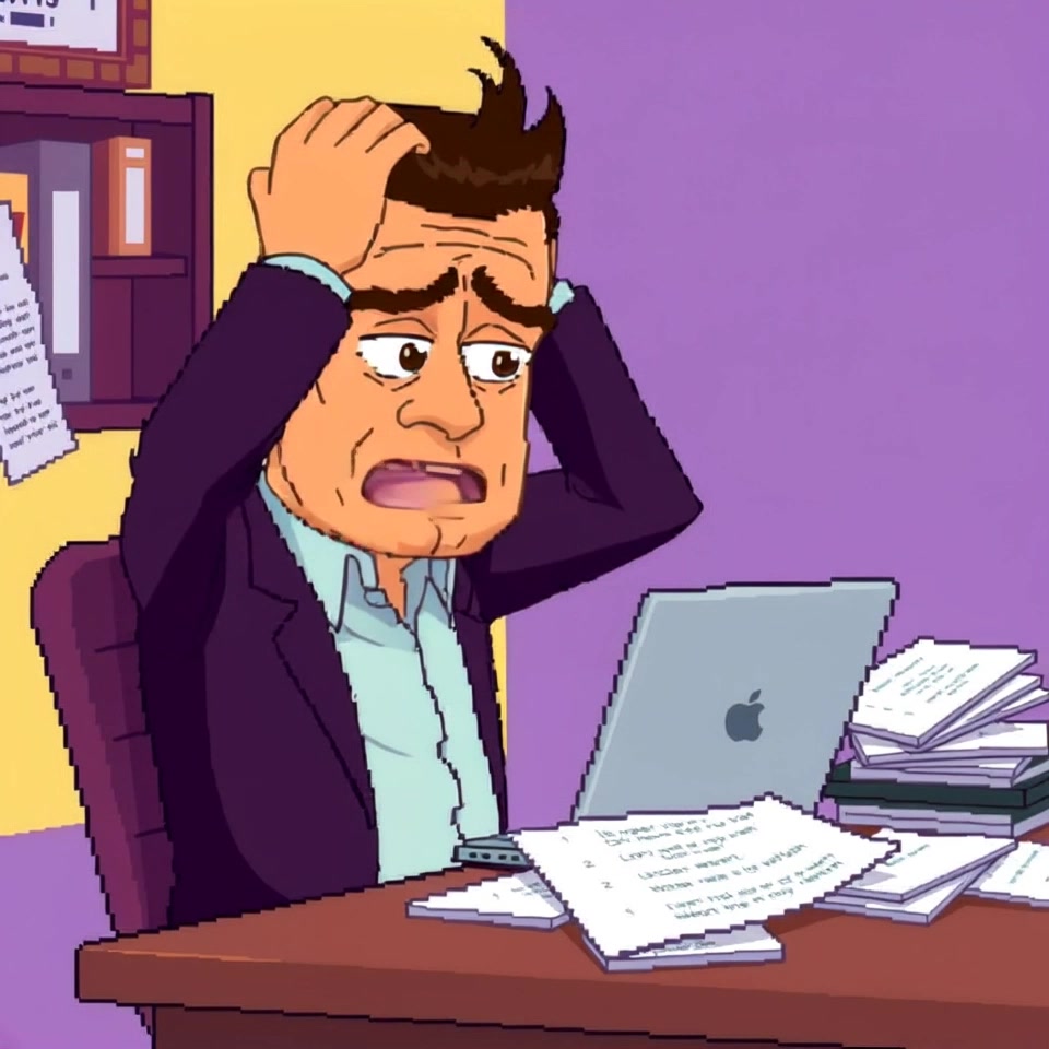 The Frustrated Real Estate Agent sitting at a desk with a laptop, papers scattered around, looking stressed.