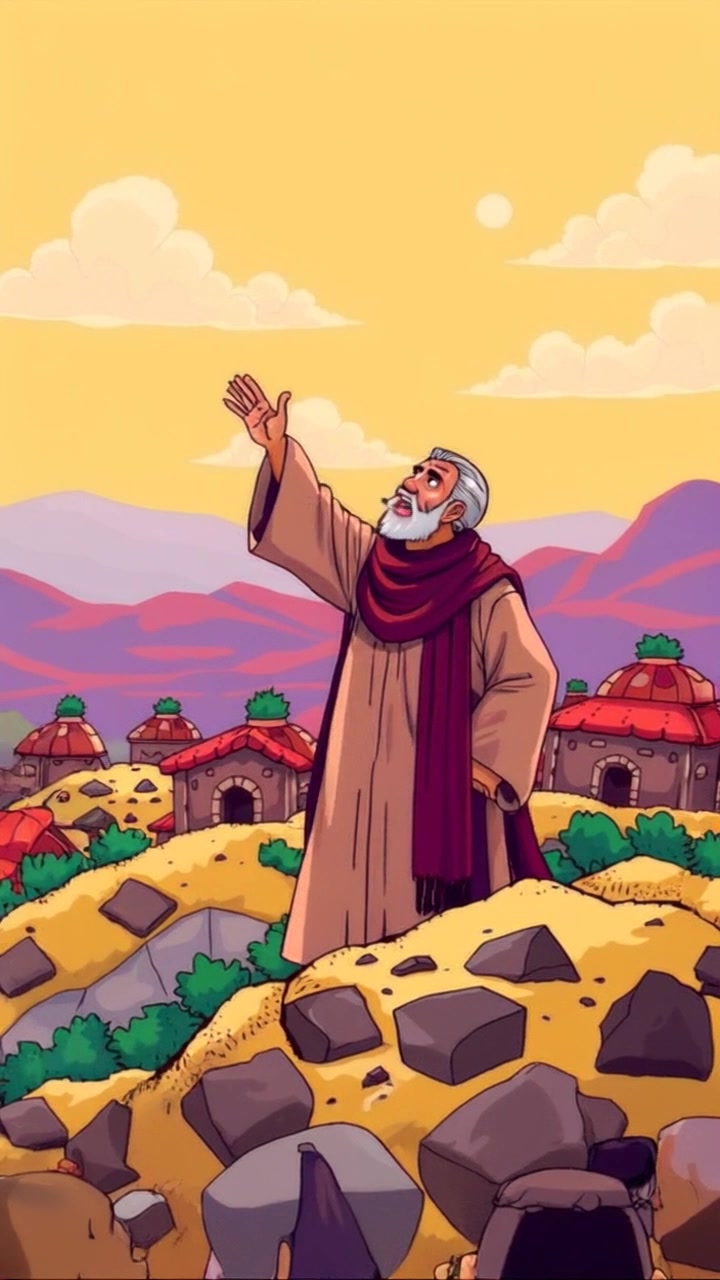 Lot stands on a hill, addressing a crowd in a village below, gesturing towards the sky.