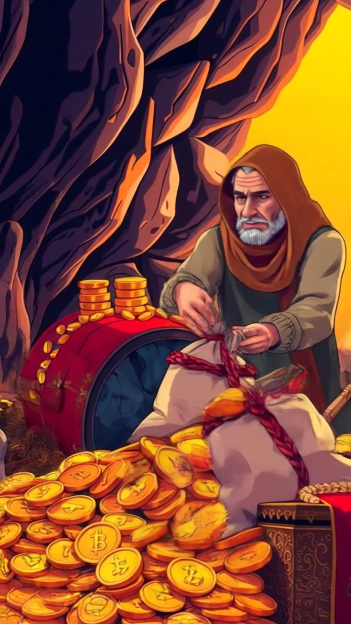 Ali Baba, in a dimly lit cave, gathers bags of gold coins and treasure, surrounded by piles of riches.
