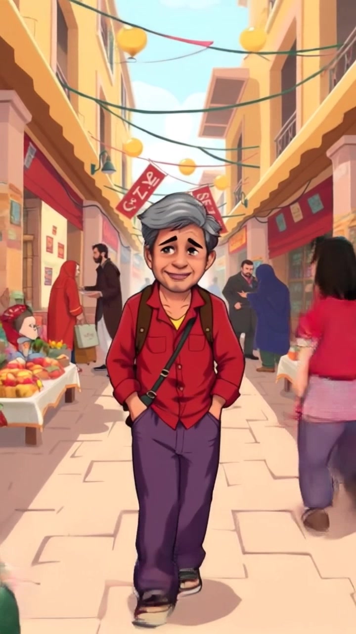 Abdurrahman Bin Auf walking through a marketplace, interacting with merchants and greeting passersby warmly.