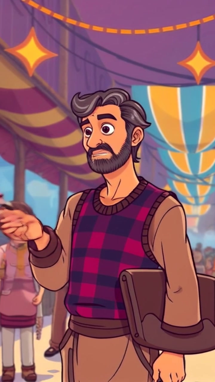 Mulla Nasruddin standing in a marketplace, his hand gesturing animatedly to a crowd of onlookers.