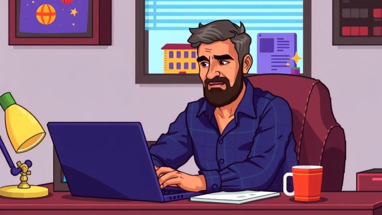 The Narrator sits at a desk reviewing videos on a laptop, with papers and a coffee mug around.