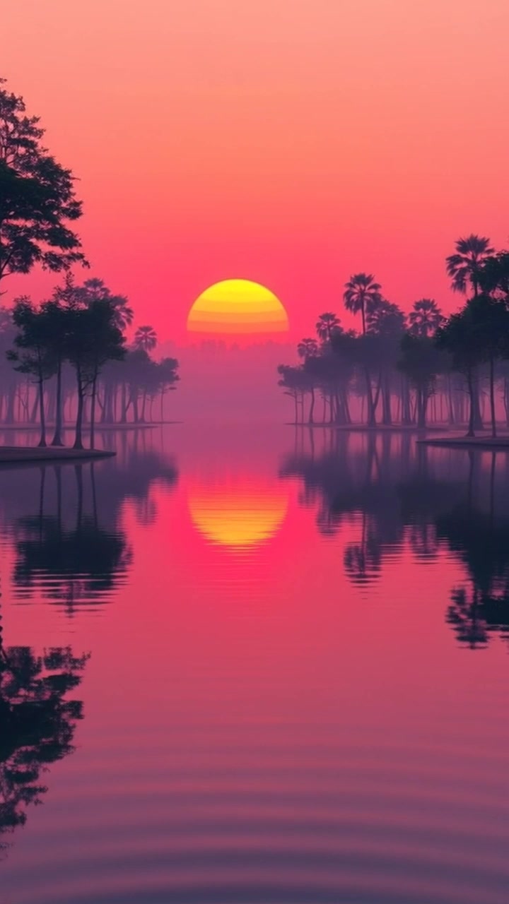 A tranquil landscape with a sunrise over a serene lake, surrounded by trees, reflecting calm waters.
