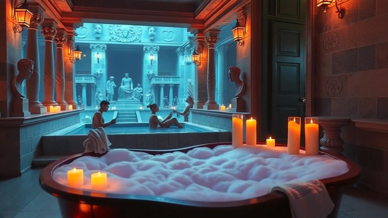 A relaxing bathroom with a wooden tub filled with bubbles and candles on the edges.